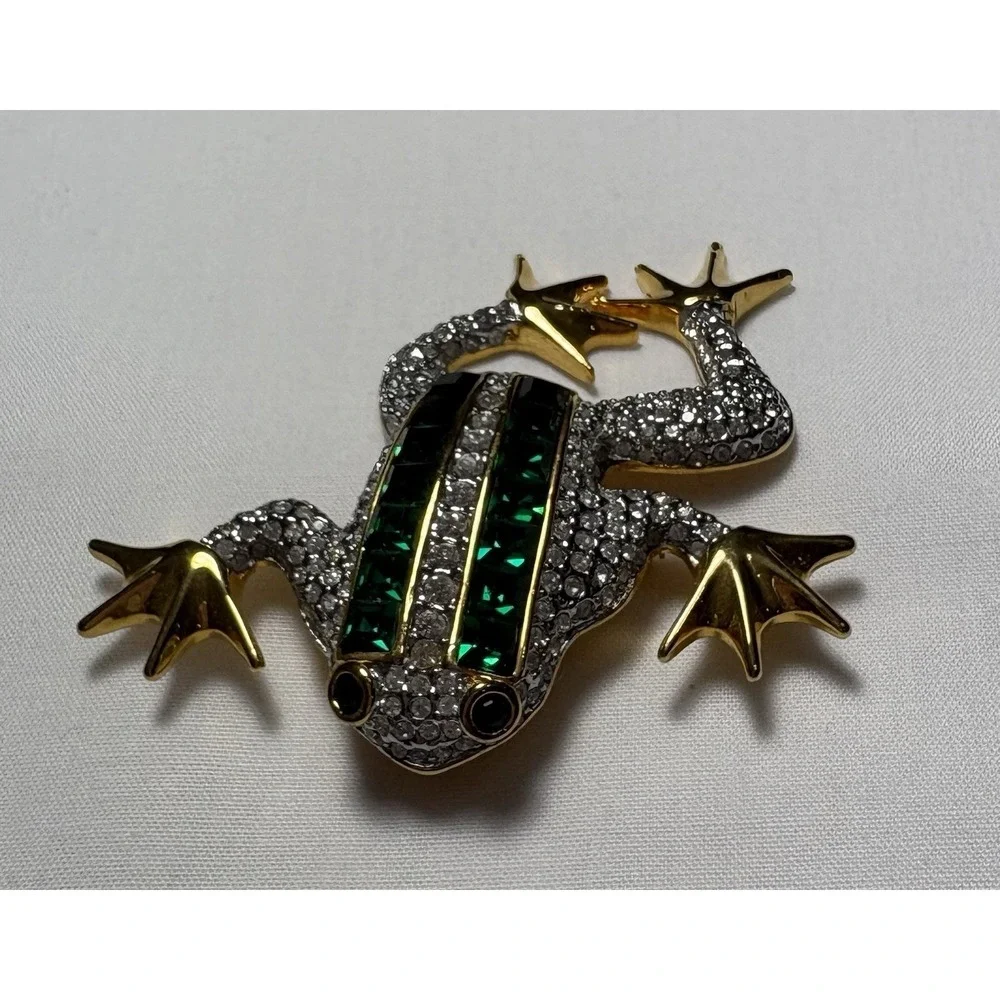 Vintage 80s 90s Rhinestone Frog Brooch Pin Emerald Baguette Crown 2.5